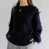 ネイビー | ダメージフリンジニットトップス 秋 冬 M レディース | aquagarage