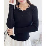 ブラック | リボン刺繍レーストリムリブトップス | Outfitter lab