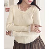 アイボリー | リボン刺繍レーストリムリブトップス | Outfitter lab