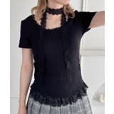 ブラック | レースチョーカー付き裾フリルトップス | Outfitter lab