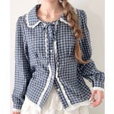ネイビー | ロングスリーブチェックレースブラウス | Outfitter lab