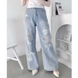 ライトブルー | クラッシュレースプリントデニムパンツ | Outfitter lab