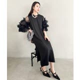 ブラック | 袖ボリュームフリルシアーレイヤード V ネックロングワンピース | Outfitter lab