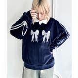 ネイビー | サイドラインリボンベロアラガートップス | Outfitter lab