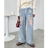 ライトブルー | レースダメージデニムパンツ | Outfitter lab