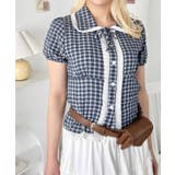 ネイビー | フリルレースチェック半袖ブラウス | Outfitter lab