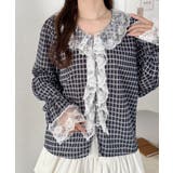 ブラック | レースフリルレトロチェックブラウス | Outfitter lab