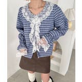 ブルー | レースフリルレトロチェックブラウス | Outfitter lab