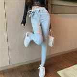 サックス | リボンダメージ スキニーパンツ ジーンズ | Belle Cie