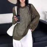 カーキ | ニット トップス 透かし編みメッシュ | Belle Cie