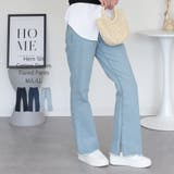 ライトブルー | 裾スリット コットンデニムフレアパンツ | atONE