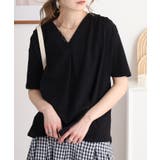 BLACK | ブラウス風タックスキッパー半袖Tシャツ | atONE