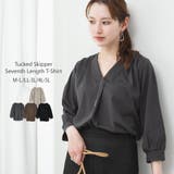 チャコールグレー | ブラウス風タックスキッパー 七分丈Tシャツ | atONE