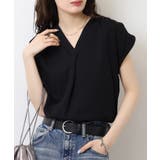BLACK | ブラウス風タックスキッパー フレンチ袖Tシャツ | atONE