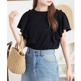 ブラック | ショルダーフリルフレンチスリーブTシャツ | atONE