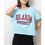 サックス4 | ショート丈裾フリンジオーバサイズシルエットロゴプリントTシャツ | atONE