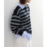 ネイビー×サックス | シャツドッキングレイヤード風ランダムボーダーニットプルオーバー | atONE