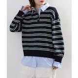 シャツドッキングレイヤード風ランダムボーダーニットプルオーバー | atONE | 詳細画像4