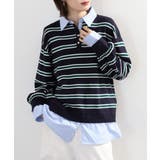 シャツドッキングレイヤード風ランダムボーダーニットプルオーバー | atONE | 詳細画像6