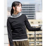 ブラック/杢グレー | くしゅタートルネック指穴ロングTシャツ ロンt 丸首 | atONE