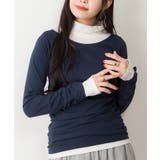 ネイビー/ホワイト | くしゅタートルネック指穴ロングTシャツ ロンt 丸首 | atONE