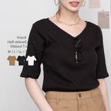 ブラック | Vネック5分袖コットンリブTシャツ 無地 カジュアル | atONE