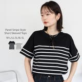 ブラック×オフホワイト | パネルボーダー風半袖トップス | atONE