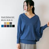 ブルー | Vネックドルマン綿ニット プルオーバー セーター | atONE