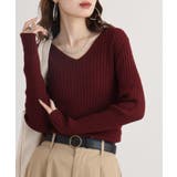 バーガンディ | Vネックリブニット | atONE