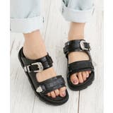 ブラック型押し | 2.5cmローヒール ダブルベルトフラットサンダル | attagirl