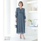 ネイビー | 楊柳シフォンとレース組み合わせドレス パフスリーブ ハイウエスト | AUNI