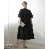ブラック | ボリュームスリーブフレアドレス オパール生地 Aライン スタンドカラー | AUNI