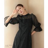 シャーリングスリーブ花柄レースドレス ボトルネック オーガンジー フレア | AUNI | 詳細画像6 