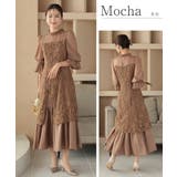 シャーリングスリーブ花柄レースドレス ボトルネック オーガンジー フレア | AUNI | 詳細画像14 