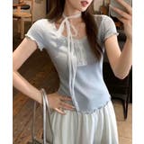 グレー | レースタイ付きフェミニンリブTシャツセット | Axis