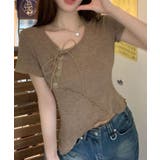 フロント編み上げカットオフアシンメトリーTシャツ | Axis | 詳細画像1 