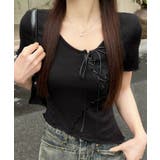 ブラック | フロント編み上げカットオフアシンメトリーTシャツ | Axis