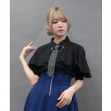 黒 | タイ付ラッフルフリル半袖ブラウス | axes femme