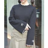 黒 | リボン刺繍配色フレア袖ニット | axes femme