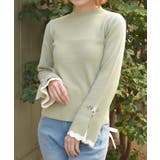 グリーン | ローズ刺繍フレア袖配色ニット | axes femme