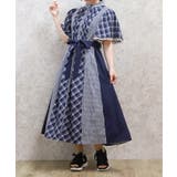 紺 | チェック切替パッチワークワンピース | axes femme