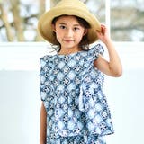 ブルー系 | 【お揃い】復刻アーカイブタイル柄肩フリルブラウス(100~150cm) | BeBe