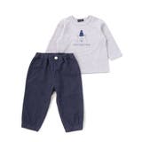 ネイビー | Oursプリント長袖Tシャツ+ストレッチデニムジョガーパンツ 2点セット | BeBe