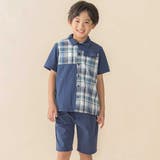 ブルー系 | チェック&無地切り替え半袖シャツ+ハーフパンツセットアップ(95~150cm) | BeBe Petits Pois Vert