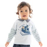 ブルー系 | 【お揃い】ボーダー袖切り替え汽車プリント長袖Tシャツ(70~90cm) | fillot de bébé réduction