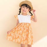 オレンジ系 | 【お揃い】水彩花柄プリント天竺ドッキングワンピース(80~130cm) | Noeil aime BeBe