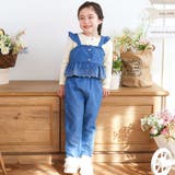 ブルー系(ドット) | キラキラ刺しゅう裾スカラップ無地ドットライトオンスデニムセットアップ(90~13… | SLAP SLIP