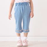 ブルー×シェル | ウエストリボン裾レースお花シェル刺しゅう7分丈パンツ(90~130cm) | SLAP SLIP