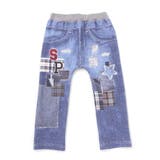 ブルー(ダメージ＆ワッペン) | 恐竜ロケットワッペンレースキラキラデニム風プリント8分丈パンツ(80~120cm… | SLAP SLIP