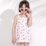 ホワイト系(イチゴ柄) | 【お揃い】肩リボンフルーツ総柄ワンピース型スイムウェア(90~130cm) | SLAP SLIP